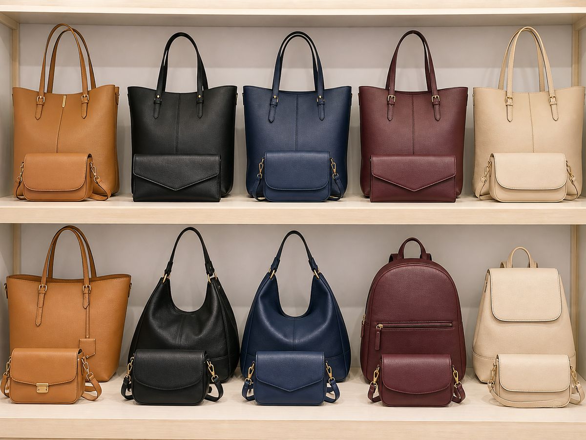 Rows of plain totes, shoulder bags, clutches and backpacks on pale shelves
