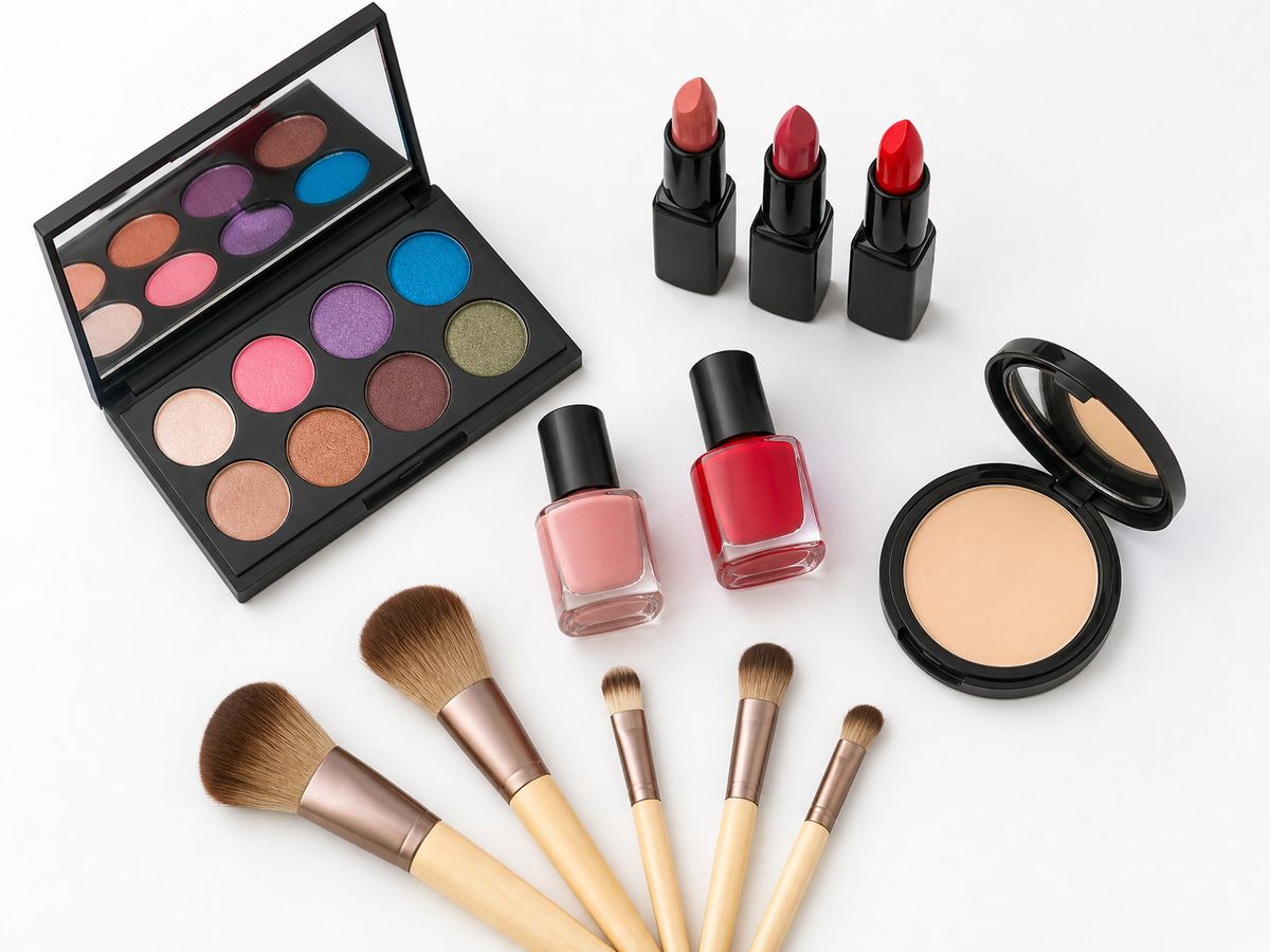 Unbranded eyeshadow, lipsticks, nail polish, compact powder and makeup brushes on white