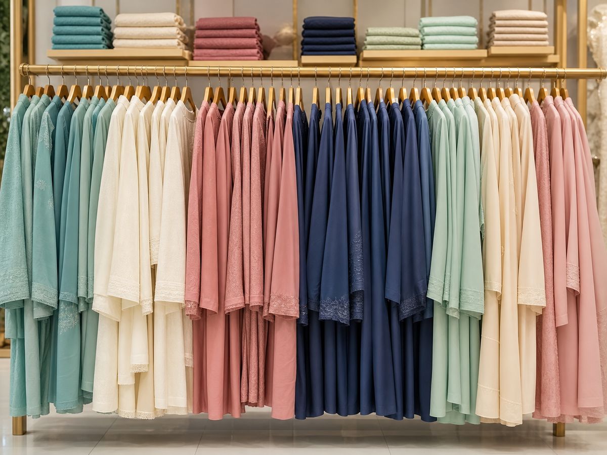 Full rack of modest long-sleeved garments in teal, cream, rose and navy