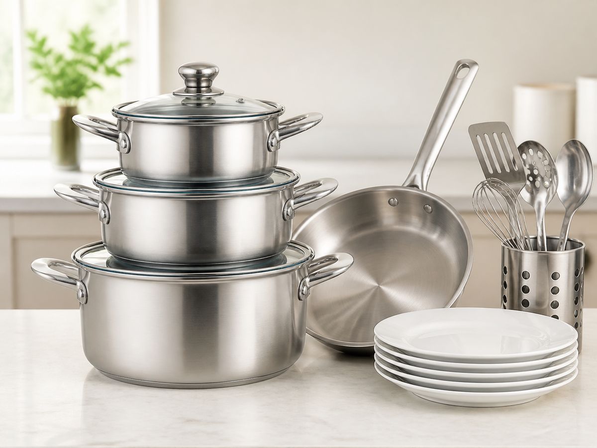 Nested stainless steel pots, frying pan, white plates and cooking utensils