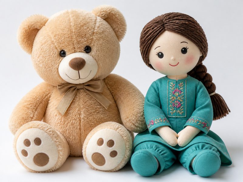 Tan teddy bear and modestly dressed fabric doll seated on white