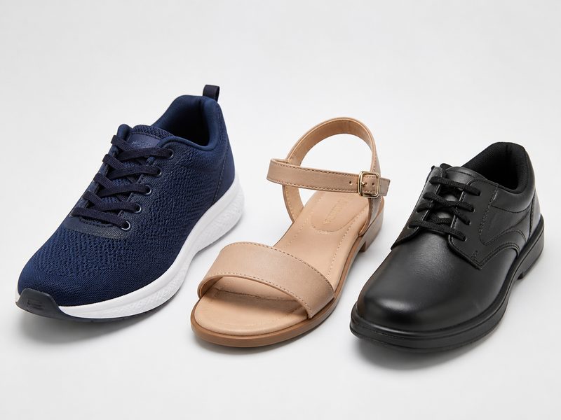 Unbranded jogger, flat sandal and black school shoe on white