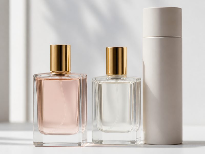 Two plain glass perfume bottles and an unlabelled body-spray can on white