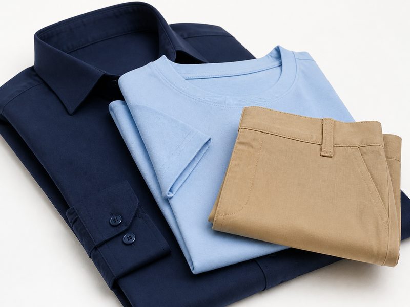 Folded adult shirt, child's T-shirt and small trousers on white