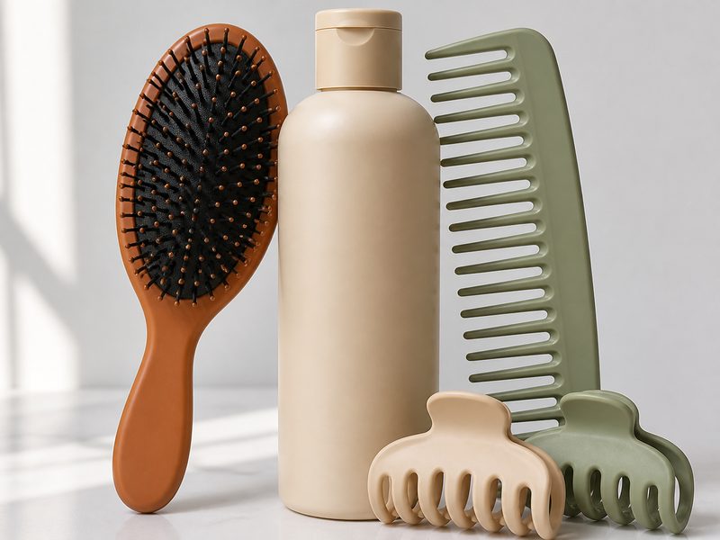 Hairbrush, plain shampoo bottle, comb and hair clips on white