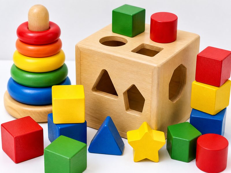 Blank wooden blocks, shape sorter and stacking rings on white