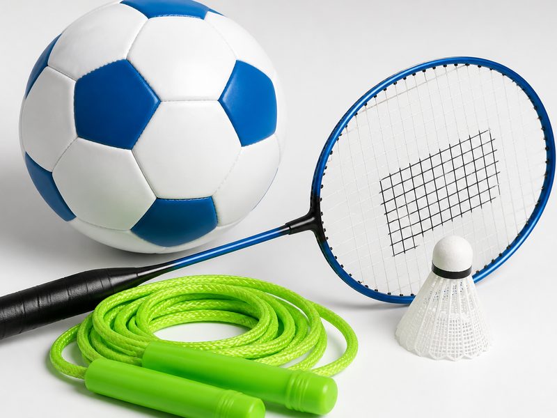 Football, skipping rope, badminton racquet and shuttlecock on white