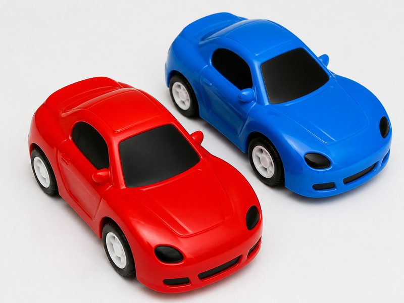 Red and blue unbranded toy cars on white