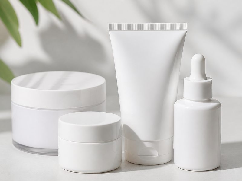 Plain cream jars, face-wash tube and serum bottle on white