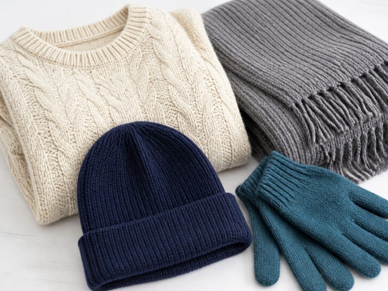 Folded sweater and shawl with a knit cap and gloves