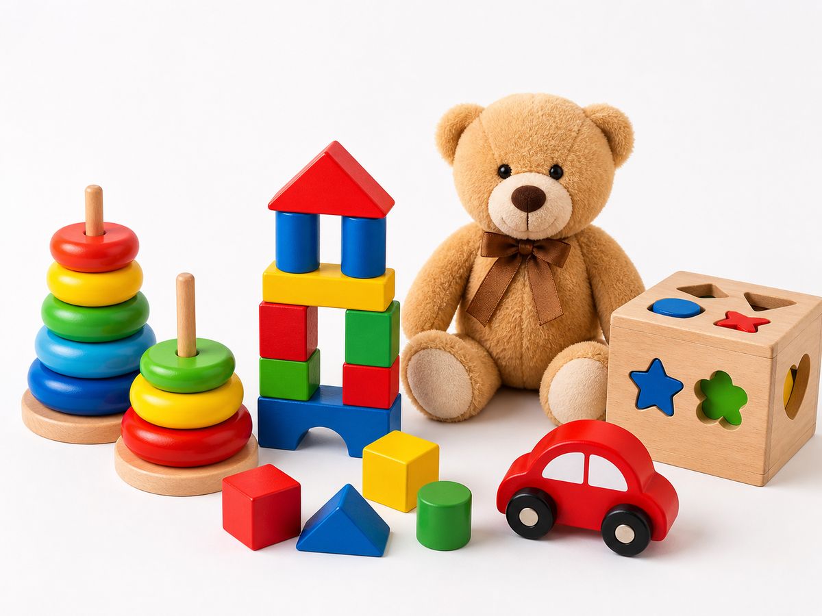 Wooden stacking rings, building blocks, teddy bear, shape sorter and red toy car